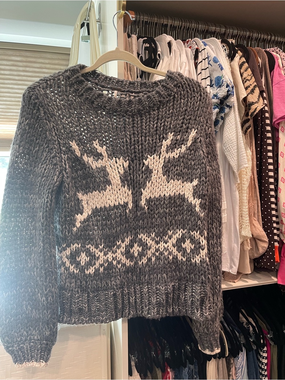 Free People Gray & Cream Reindeer Crewneck Sweater